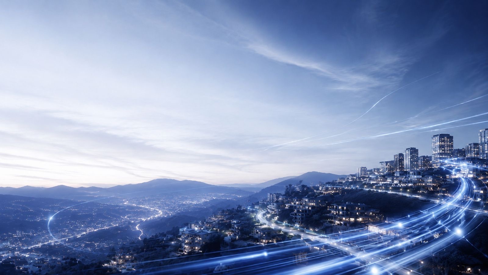 Ciudad conectada con lineas luminosas de fibra optica